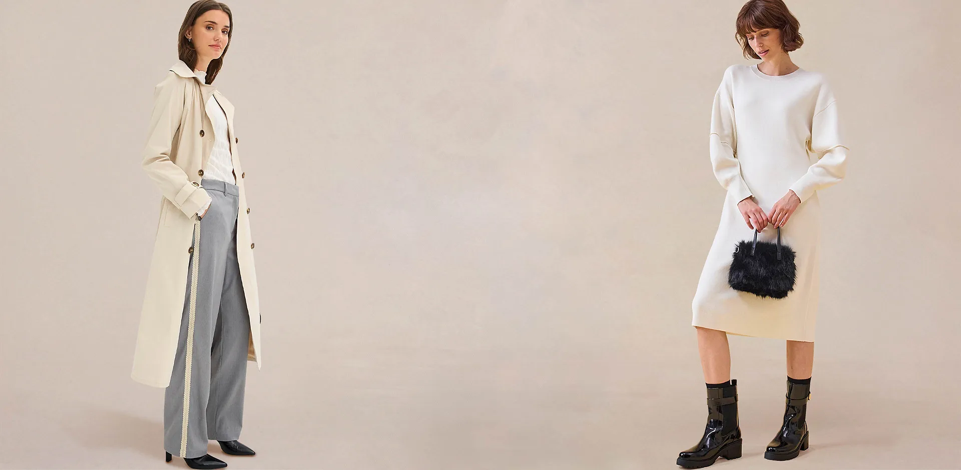 Elegante, kremfargede strikkeplagg: Genser og vid bukse.