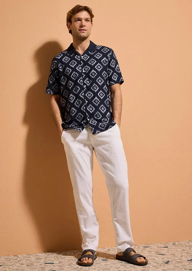 Herre - Kortermet skjorte av myk viskose - mørkeblå med trykk