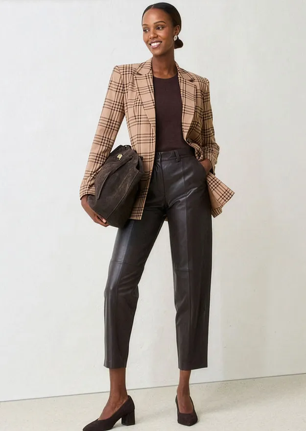 Trendy - Blazer i myk ullmiks - naturbrun/mørkebrun rutemønster