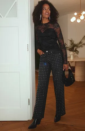 Dame - Langermet topp i fint blondemateriale - sort