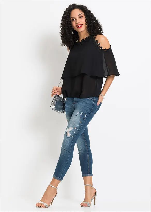 Cold-shoulder-bluse med blonde, BODYFLIRT