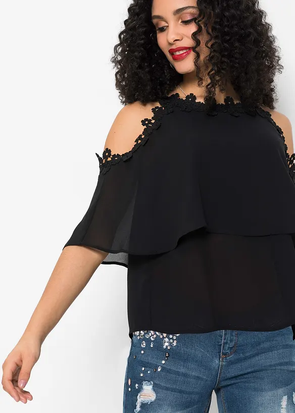 Cold-shoulder-bluse med blonde, BODYFLIRT