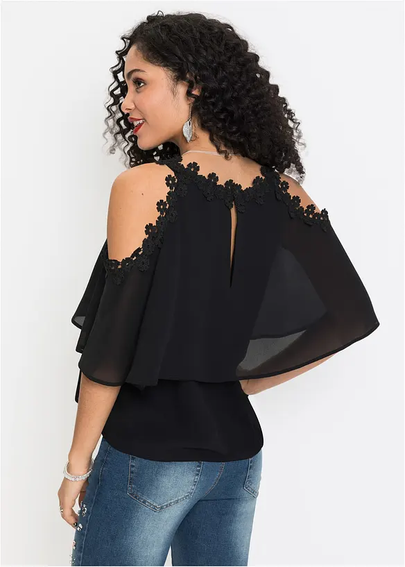 Cold-shoulder-bluse med blonde, BODYFLIRT