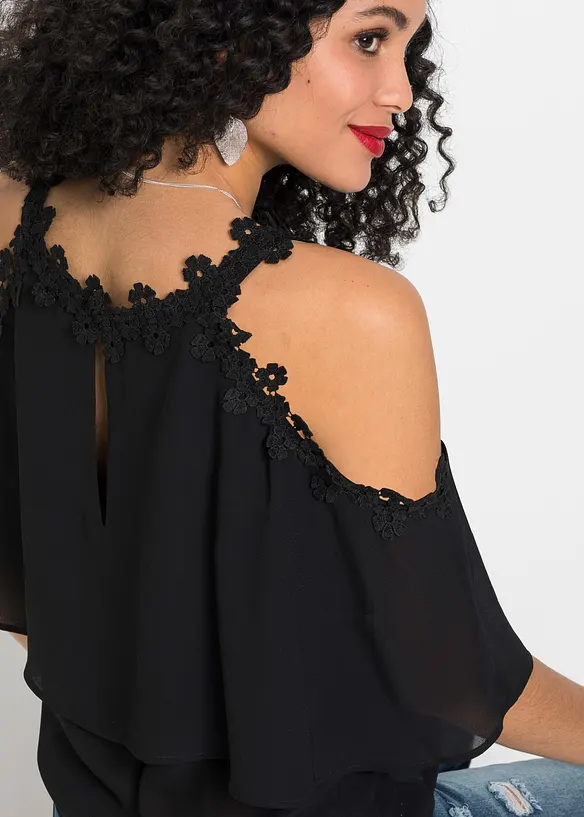 Cold-shoulder-bluse med blonde, BODYFLIRT