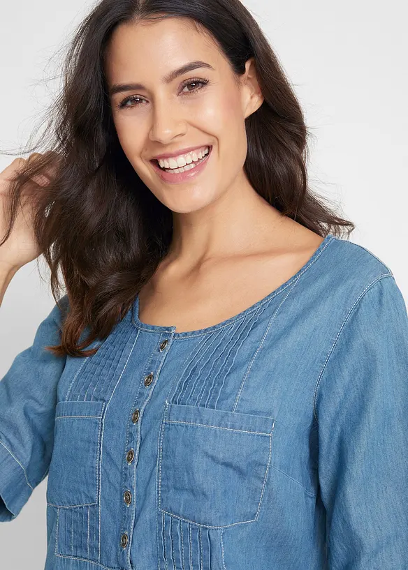 Knelang jeans-kjole i bomull, kort arm, bonprix