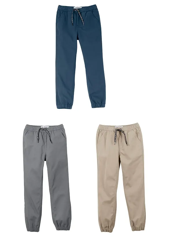 Regular Fit slip on-bukse i 100% bomull (3-pack), behagelig linning, bonprix