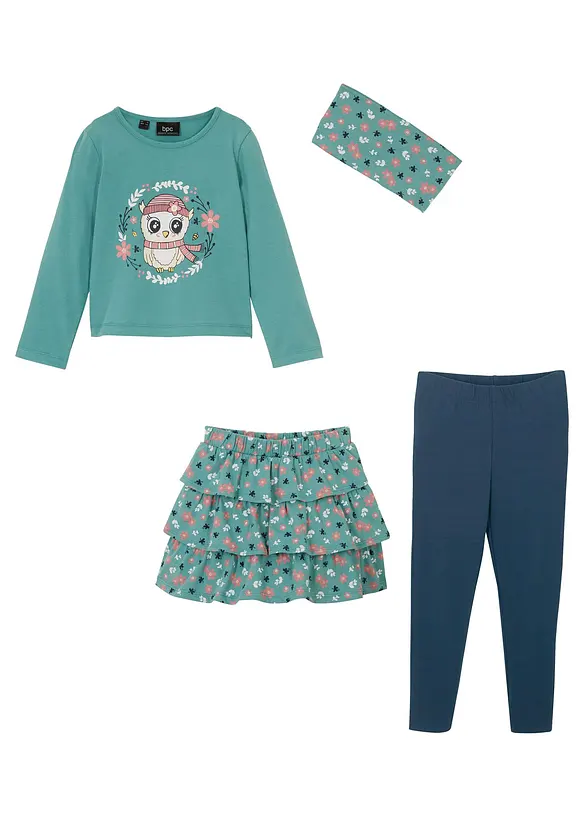 Langermet topp, skjørt, leggings, hårbånd til jente (4-delt sett), bonprix