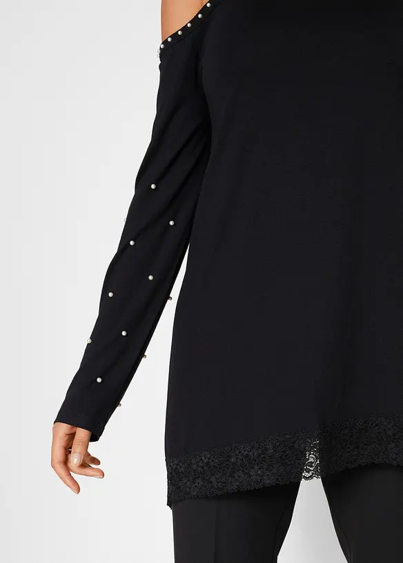 Cold shoulder-topp med blonder og perler, bonprix