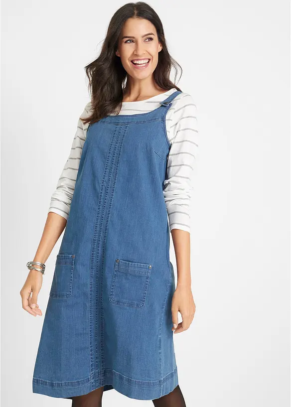 Knelang kjole i bomullsdenim med seler, bonprix