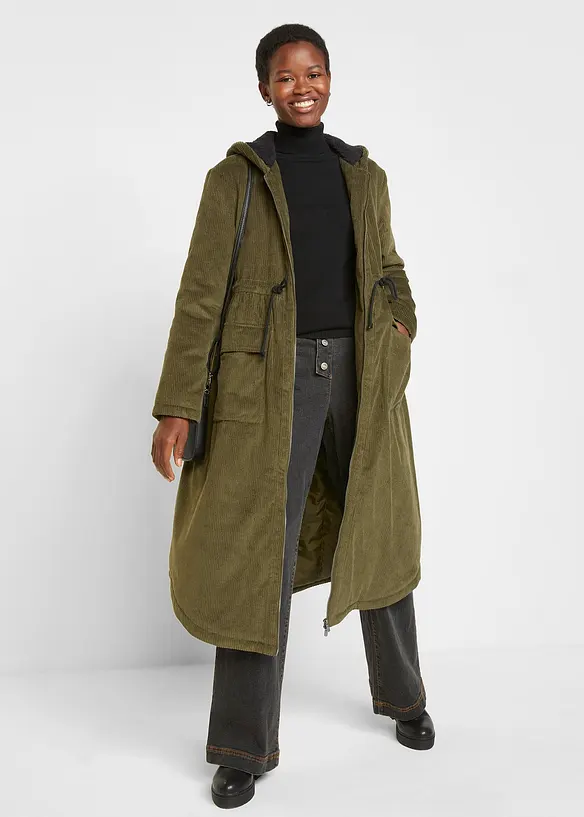 Cord-kåpe med hette med teddy-fleece, i ren bomull, bonprix