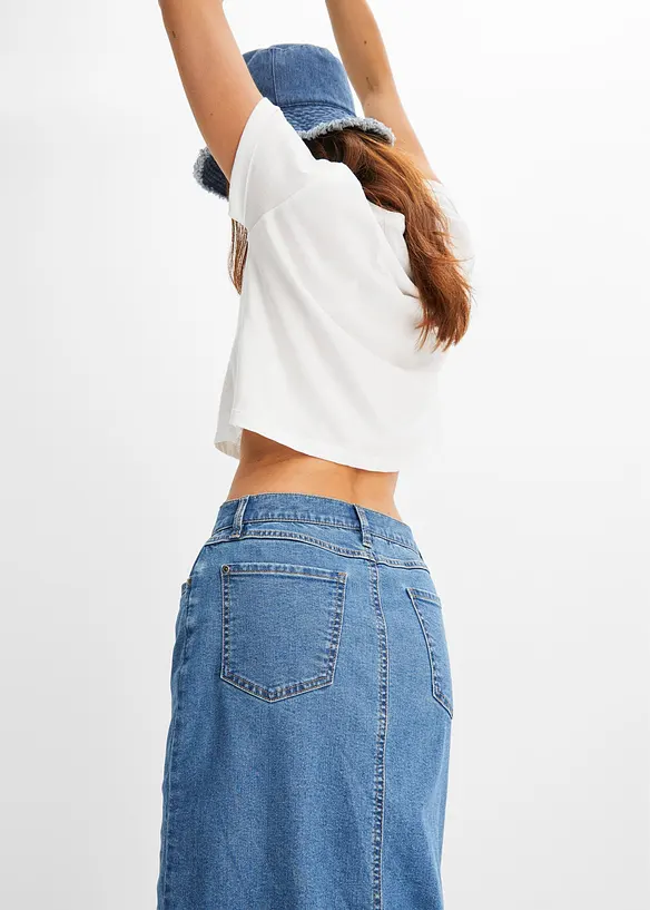 Langt jeansskjørt med plitt, av Positive Denim #1 Fabric, bonprix