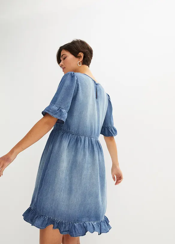 Jeanskjole med volanger av lyocell, bonprix