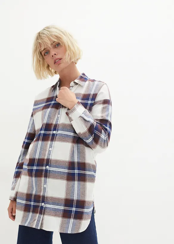 Lang skjortebluse av flanell i ren bomull, bonprix