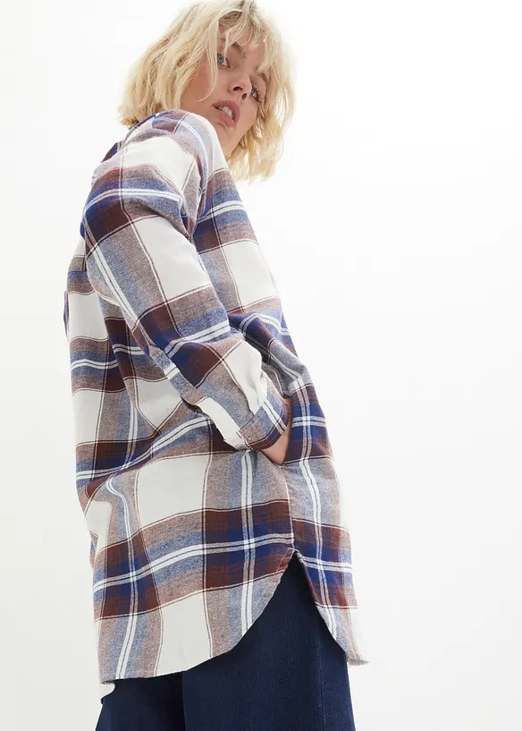 Lang skjortebluse av flanell i ren bomull, bonprix