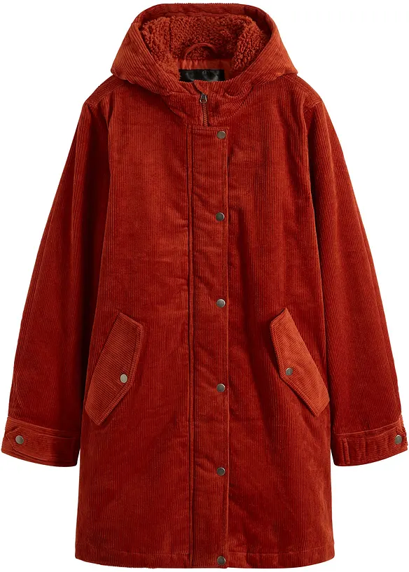 Varm cord-parkas med teddyfôr i hetten, i A-fasong, bonprix