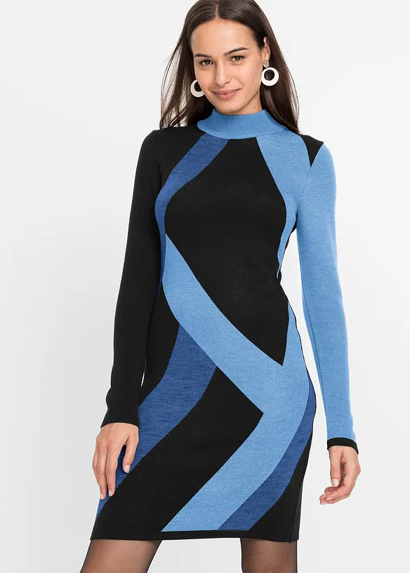 Jacquard-strikket kjole med moderne stripemønster, bonprix