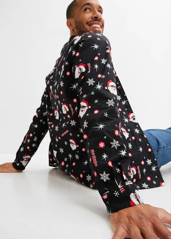 Langermet skjorte i 100% bomull med juleprint, Slim Fit, bonprix