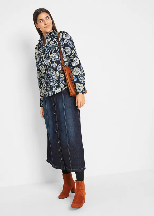 Jeansskjørt i komfortstretch, midi lengde, bonprix