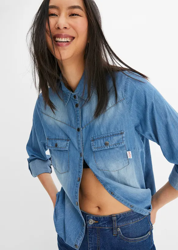 Jeansbluse med trykknapper, lang arm, bonprix