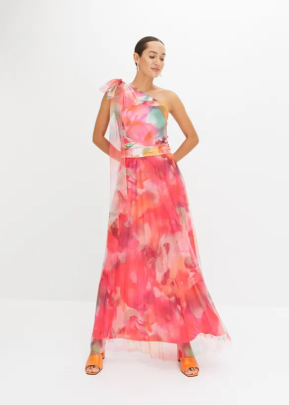 One-shoulder-kjole med plissert tyllskjørt, bonprix