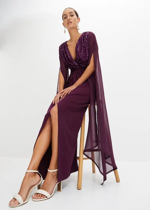 Maxikjole med paljetter og ermer i chiffon, bonprix