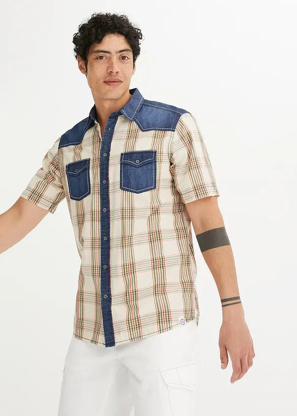 Kortermet skjorte med denim-besetning, bonprix