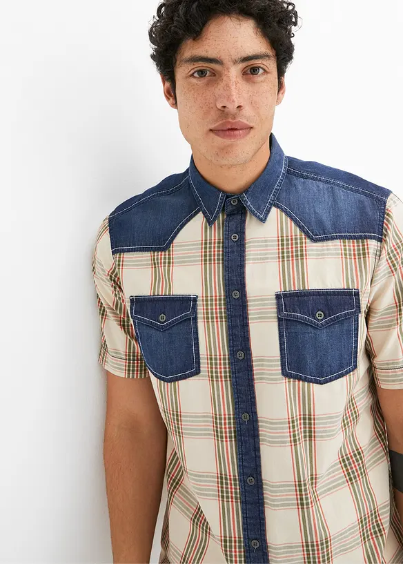 Kortermet skjorte med denim-besetning, bonprix