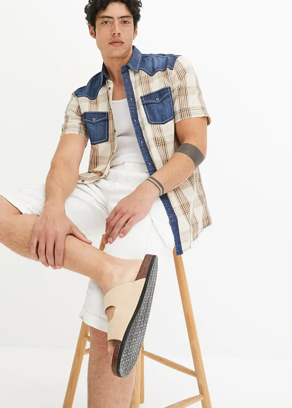 Kortermet skjorte med denim-besetning, bonprix
