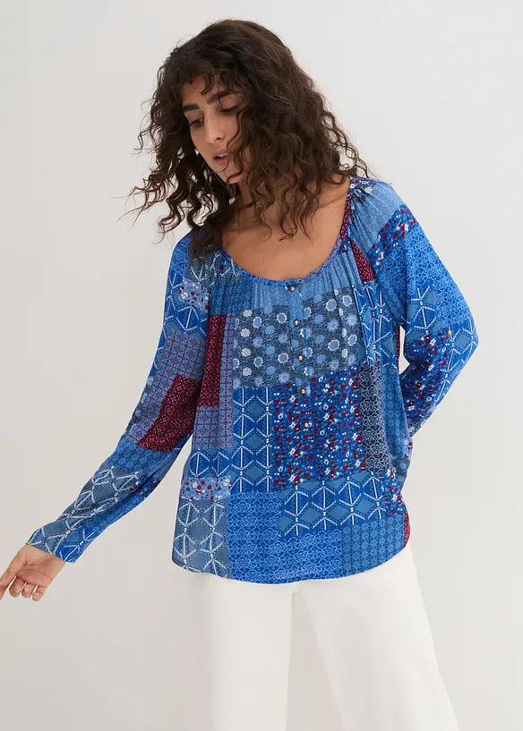 Crinkle blusetunika med lange ermer, bonprix