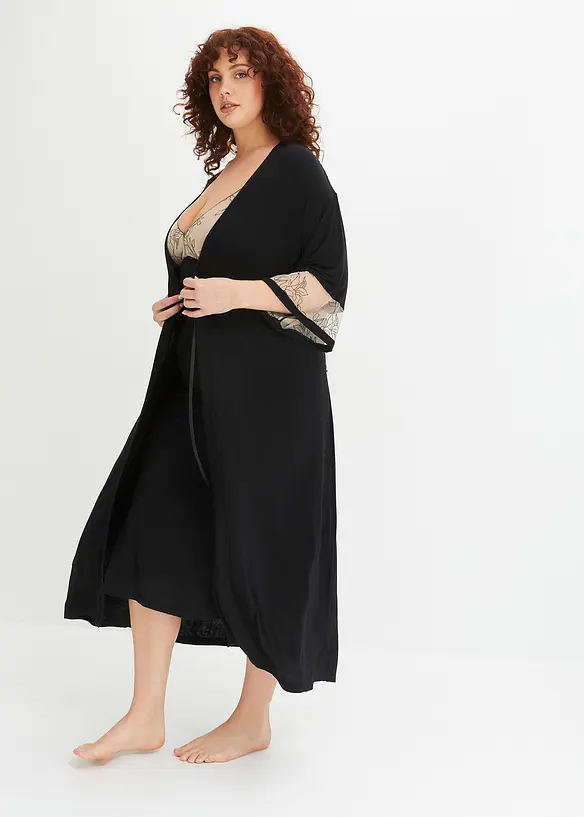 Lang kimono i viskose med broderi, bonprix