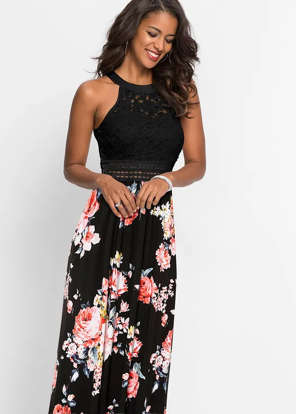 Maxi-sommerkjole med blonder og blomstermønster, bonprix