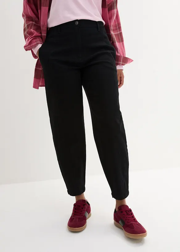 High Waist Barrel-twillbukse med forovervendte sømmer i sidene og komfortlinning, bonprix