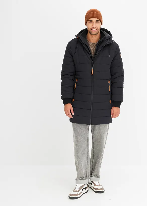 Vattert parkas med hette og detaljer i imitert skinn, bonprix