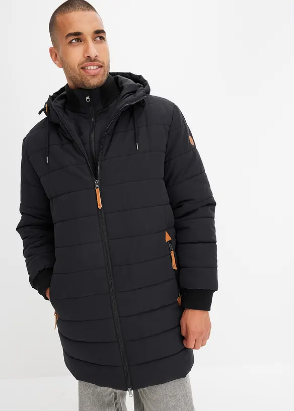 Vattert parkas med hette og detaljer i imitert skinn, bonprix