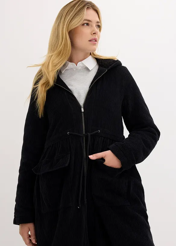 Cord-kåpe med hette med teddy-fleece, i ren bomull, bonprix