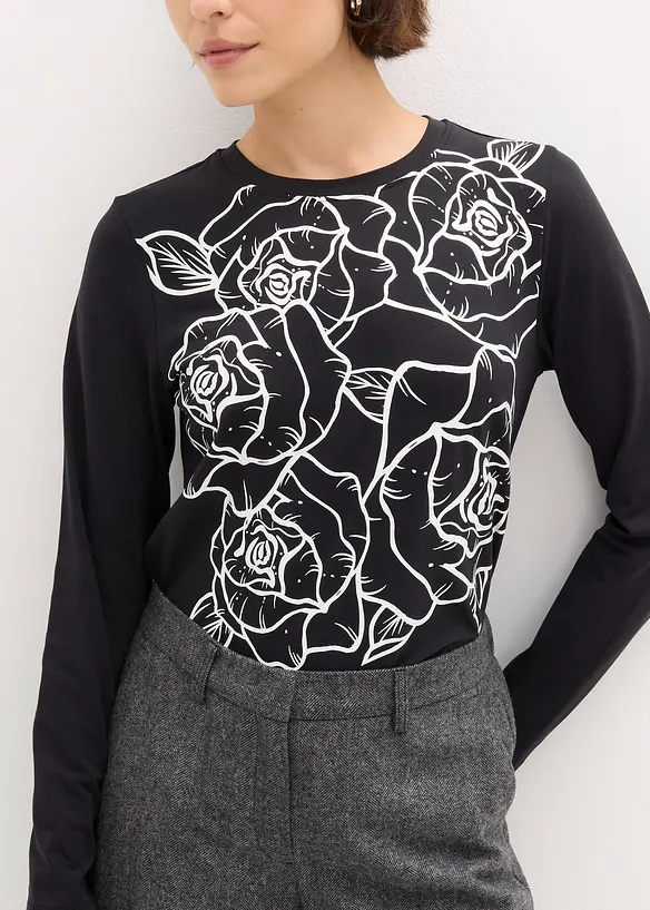 Langermet topp med rosetrykk, bonprix