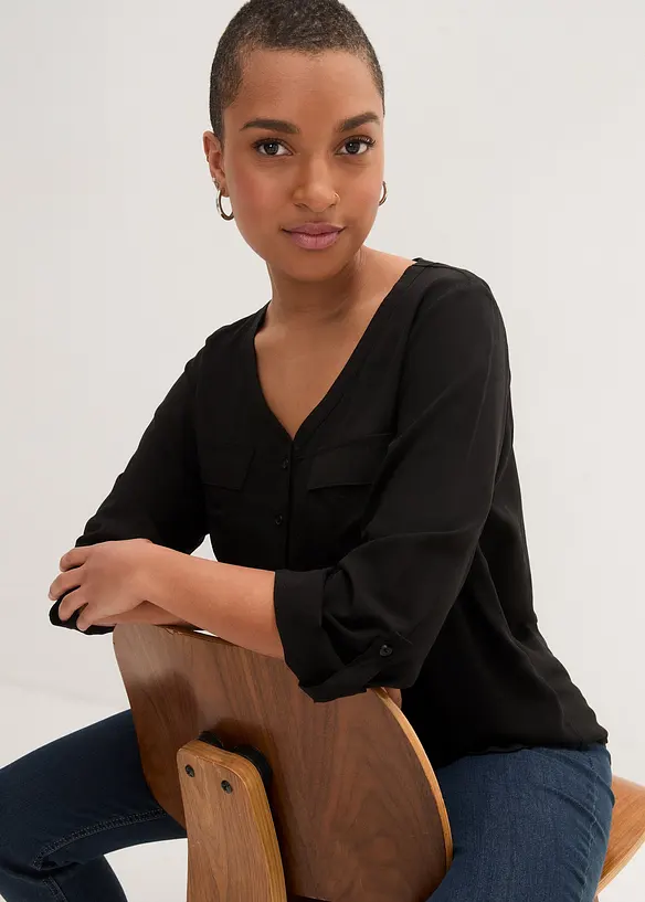 Langermet bluse i lett viskose med V-hals, bonprix