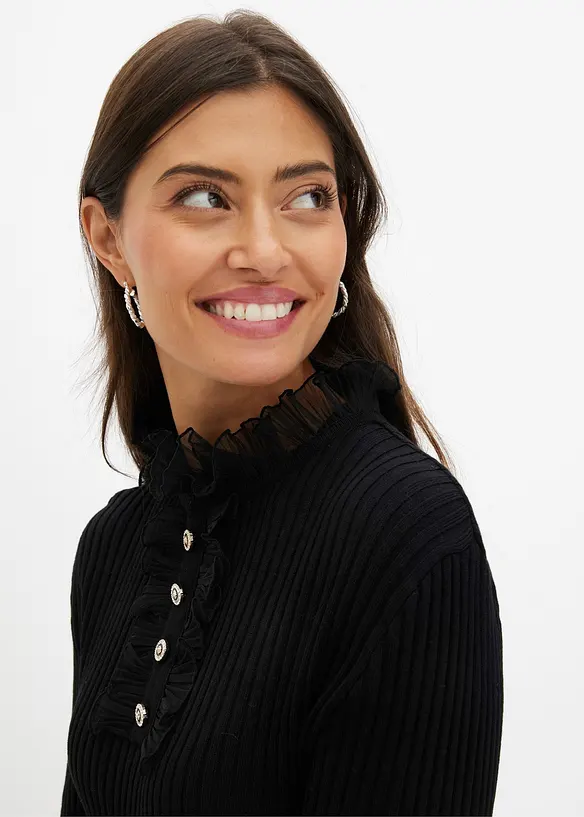 Finstrikket topp med volanger i chiffon, bonprix
