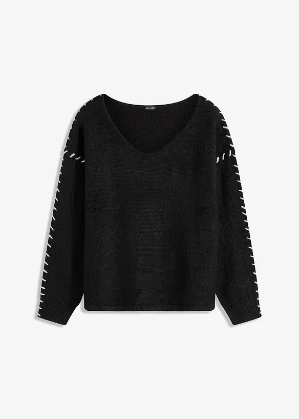 Myk, grovstrikket genser med broderte kontrastsømmer, bonprix