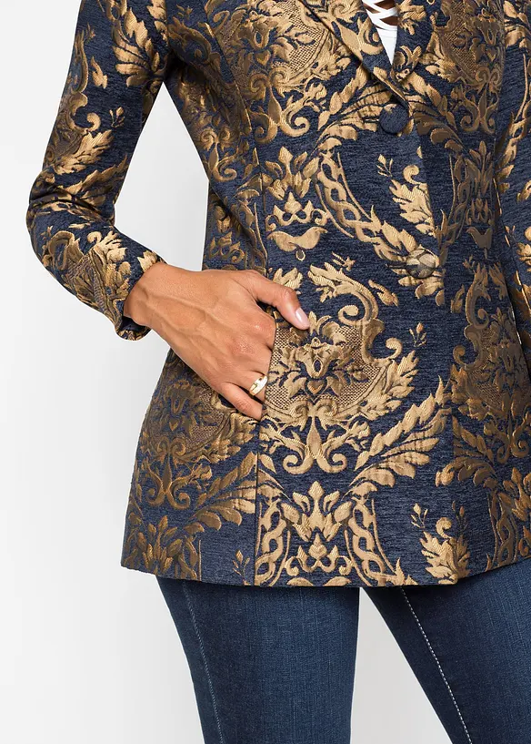 Kort blazer i gullfarget, jacquardvevd materiale og korte størrelser, bonprix
