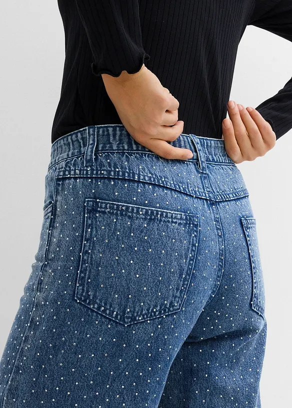 Wide Leg-jeans, Mid Waist, komfortlinning med strass, bonprix