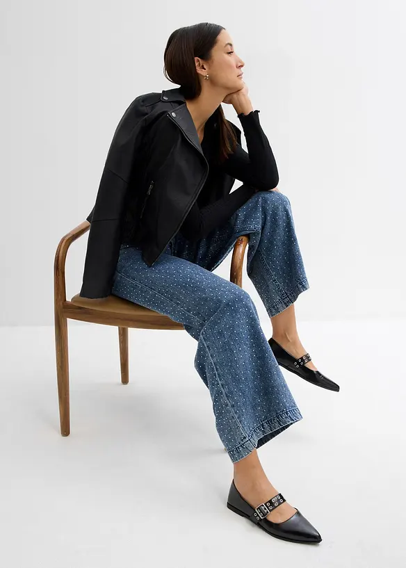 Wide Leg-jeans, Mid Waist, komfortlinning med strass, bonprix