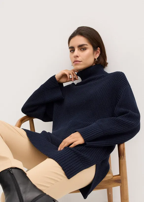 Oversized genser i bomullsmiks med vid, høy hals, bonprix