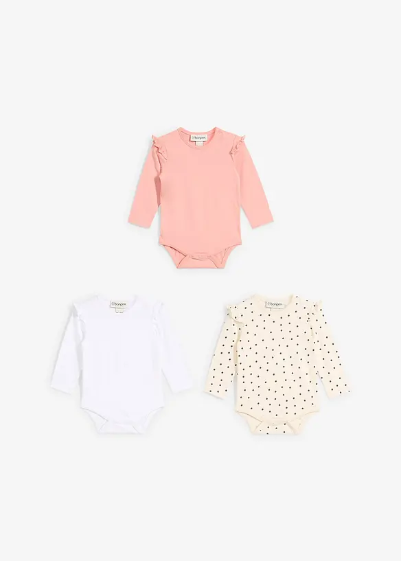 Babybody i økologisk bomull med rysjer (3-pack), bonprix