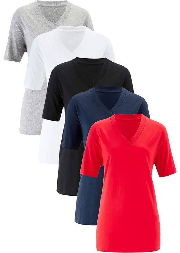 Vid lang topp med V-utringning, kort arm (5-pack), bonprix