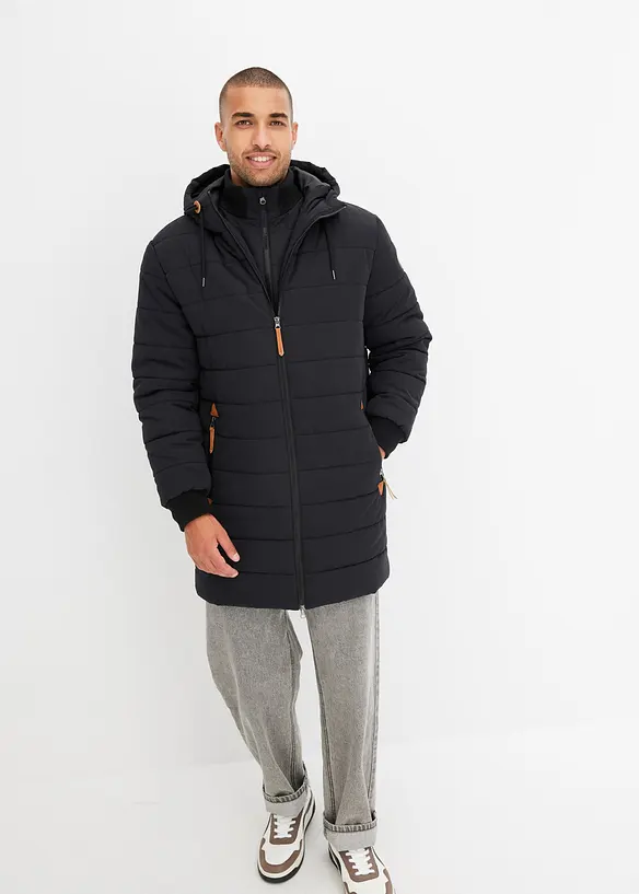 Vattert parkas med hette og detaljer i imitert skinn, bonprix