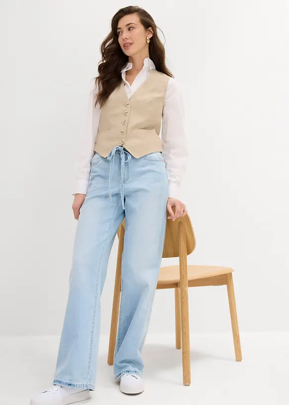 Wide Leg-jeans, Mid Waist, med belte, bonprix