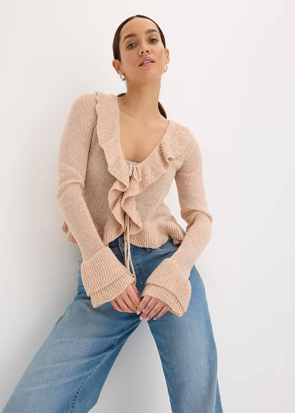 Finstrikket cardigan med rysjer, bonprix