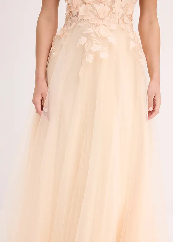 Maxikjole i fin tyll med applikerte blomster, bonprix