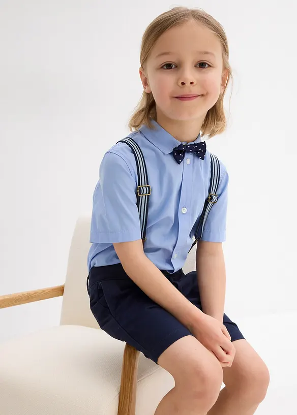 Kortermet skjorte, shorts i chinos-modell, bukseseler og tversoversløyfe (4-delt sett), bonprix